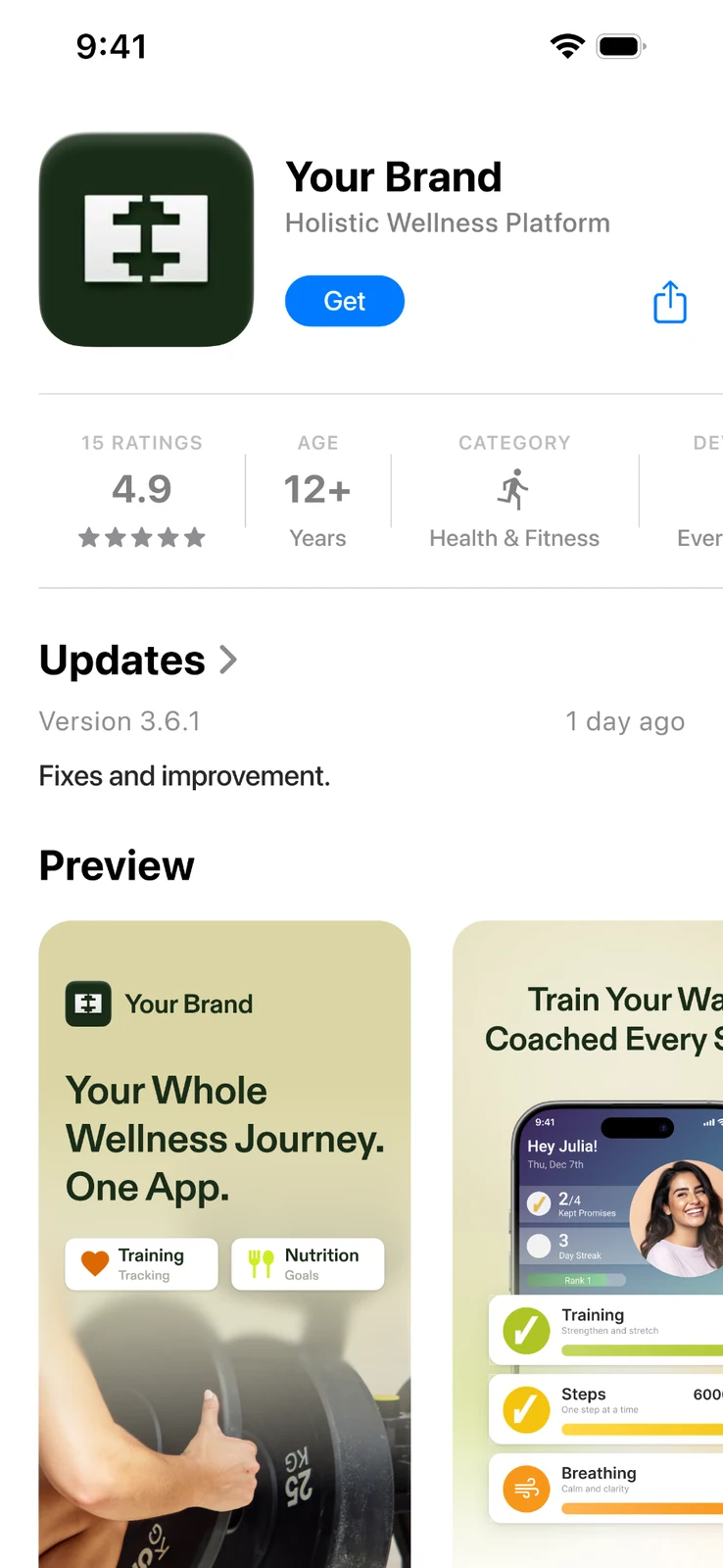 Your Brand App Store listing, with fitness and wellness app previews