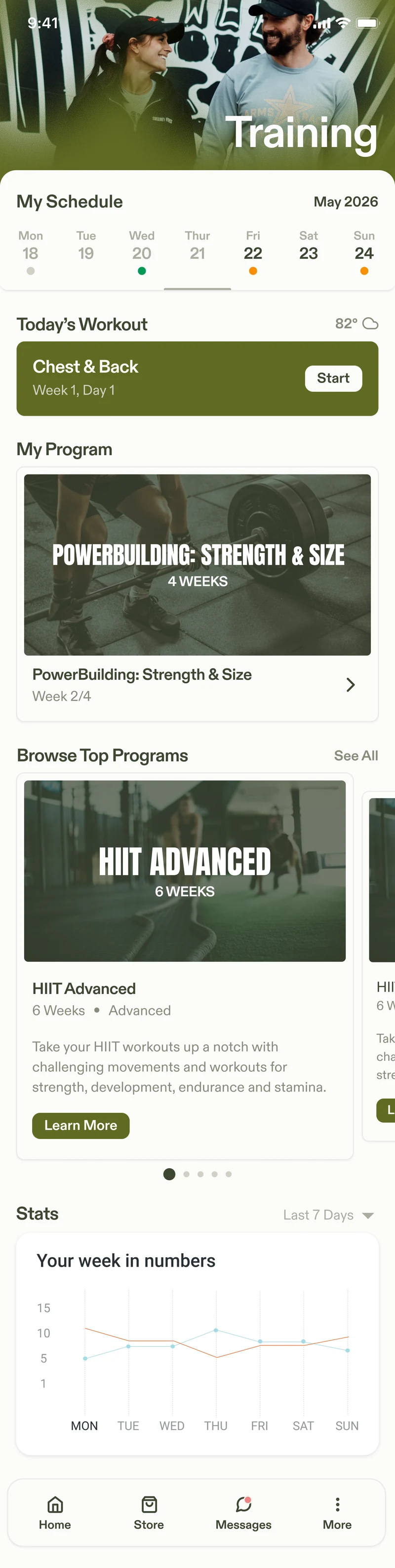 Production training screen with workout schedule, program and progress